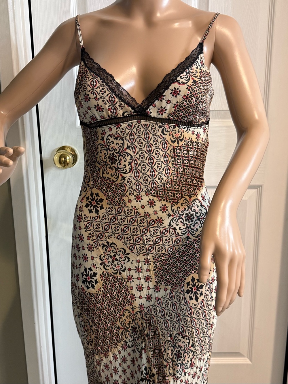 Vintage Y2K Bebe Midi Slip Dress Lace Trim Babydoll Sz 1 Ruffle Hem Made France - Picture 2 of 14